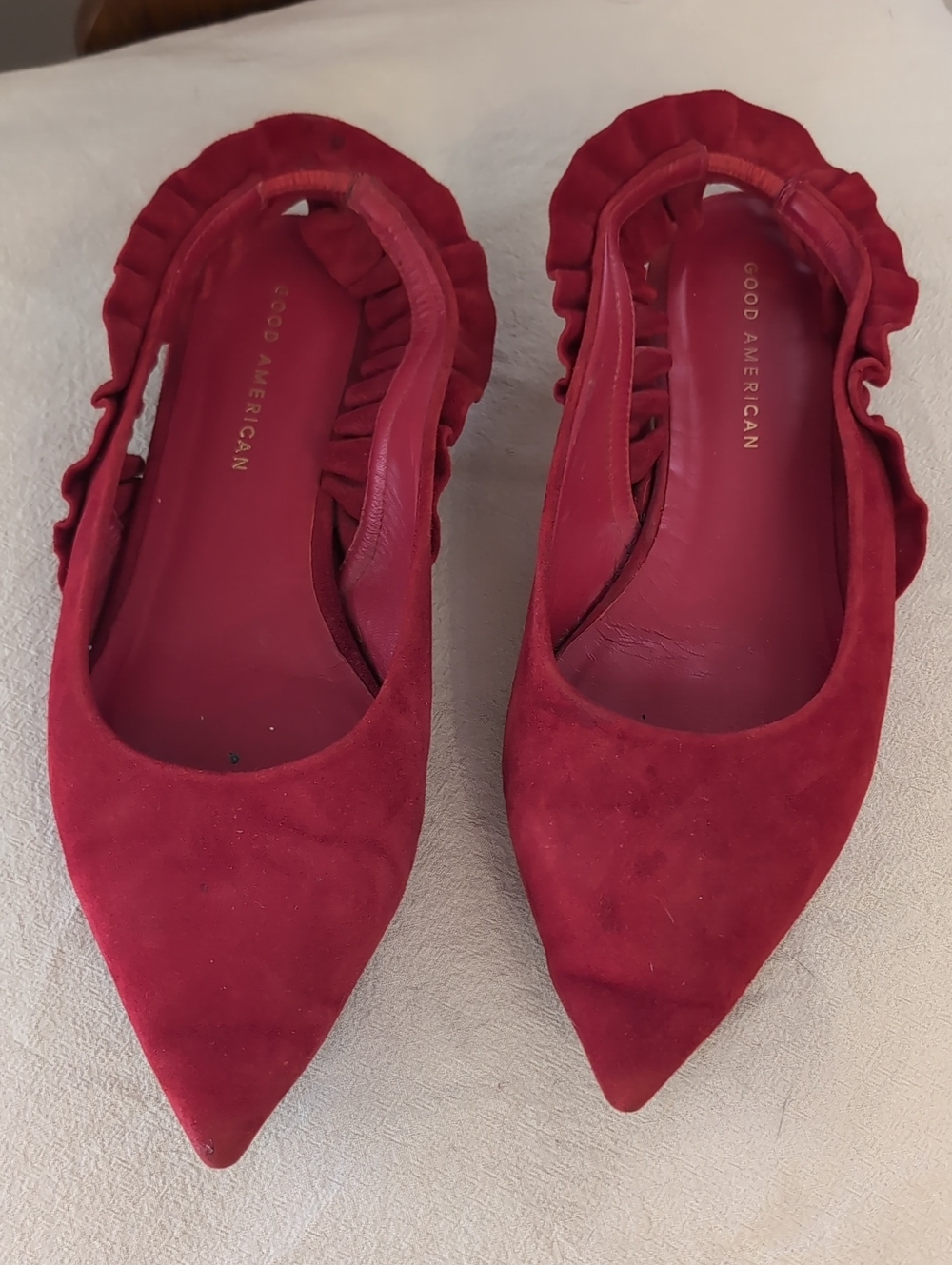 Good American Red Pointed-Toe Suede Ruffle Flats